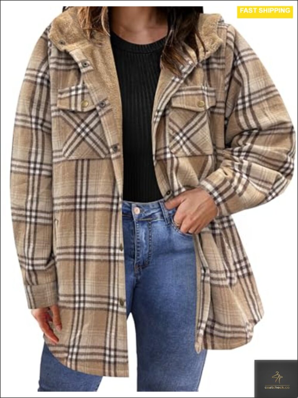 Plus Size Plaid Flannel Hooded Shacket Jacket Long Sleeve Button Down Fleece